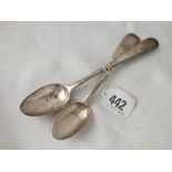 Scottish provincial OE feather edge dessert spoon, makers mark AM, also Exeter tea spoon 1844 by