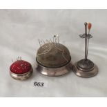 Circular pin cushion, 3” dia. and two smaller