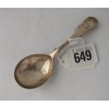 Exeter. Victorian fiddle pattern caddy spoon, 1874 by JW 8g.