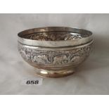 Indian circular bowl embossed with figures on a pedestal foot, 4.5” dia. 145g.