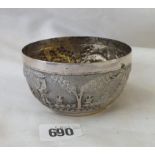 Indian sugar bowl, embossed with figures, 3.5” dia. 72g.