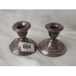 Pair of dwarf circular candlesticks with line decoration, 2.75”dia. B’ham 1923 by N & D