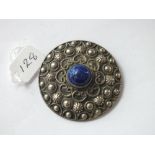 Large Italian white metal target brooch set with blue stone