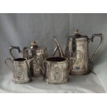 Good Victorian four piece oval plated tea service, 10.5” over spout