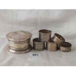 Powder bowl with hinged cover, 3.5” dia. B’ham 1923, also five napkin rings