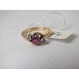 18ct gold ruby & diamond three stone ring approx size Q 4.2g inc