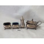 Four piece boat shaped cruet on pad feet, 3.5” over handle B’ham 1930 by WH