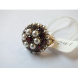 Large 9ct dome shaped garnet and pearl cluster ring approx size J 7g inc