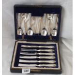 Boxed set of six tea knives and six matching spoons and a pair of tongs, Shef 1914