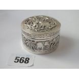 Small Indian drum shaped box with lift off cover, 2” dia. 38g.