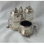 Victorian cruet set with beaded edges, cut glass bodies – 5” wide London 1867 – by IS – 101gms