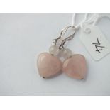 Pair silver mounted rose quartz heart earrings