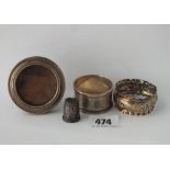 Small circular photo frame – 2.5” diameter – B’ham 1918, 2 napkin rings plus a thimble