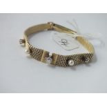14CT GOLD DIAMOND & PEARL mounted bracelet with woven flexible strap 15g inc