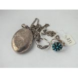 Silver chased locket on silver chain with 2 silver rings
