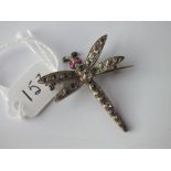 A silver and paste dragonfly brooch with red eyes – 1.5” in length