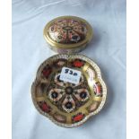 Crown Darby pin dish – 4.5” diameter and a jar with cover matching