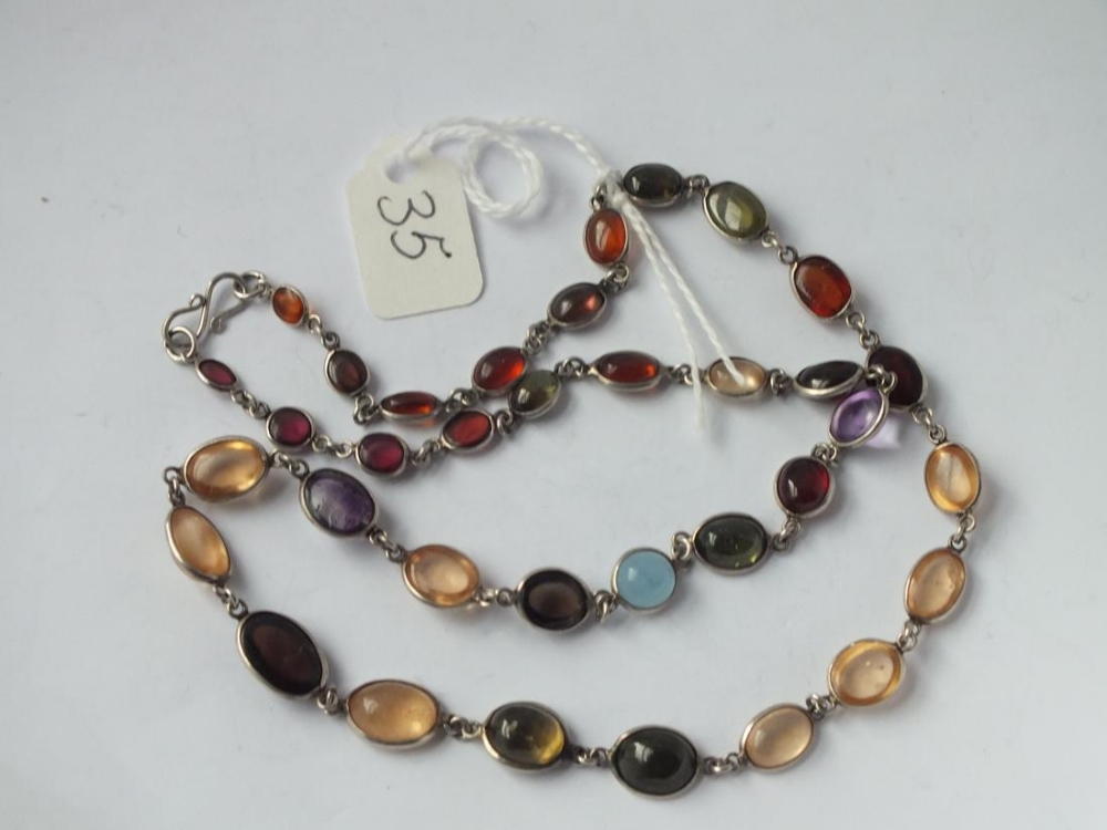 Heavy silver mounted multi cabochon gem set necklace 20" long 19.7g inc