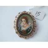Hand painted oval portrait pendant/brooch in 9ct mount - 9.9g inc