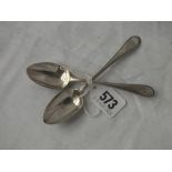 Pair of Exeter beaded edge tea spoons (single struck) – 1877 by JW&Co