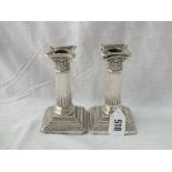 Pair of candle sticks on stepped square bases – Sheff 1898 – 5” high by AC Co