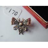 Attractive diamond, ruby, sapphire and pearl butterfly brooch in Fitted