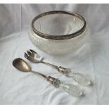 Good cut glass salad bowl – Chester 1909 & a pair of salad servers B’ham 1900