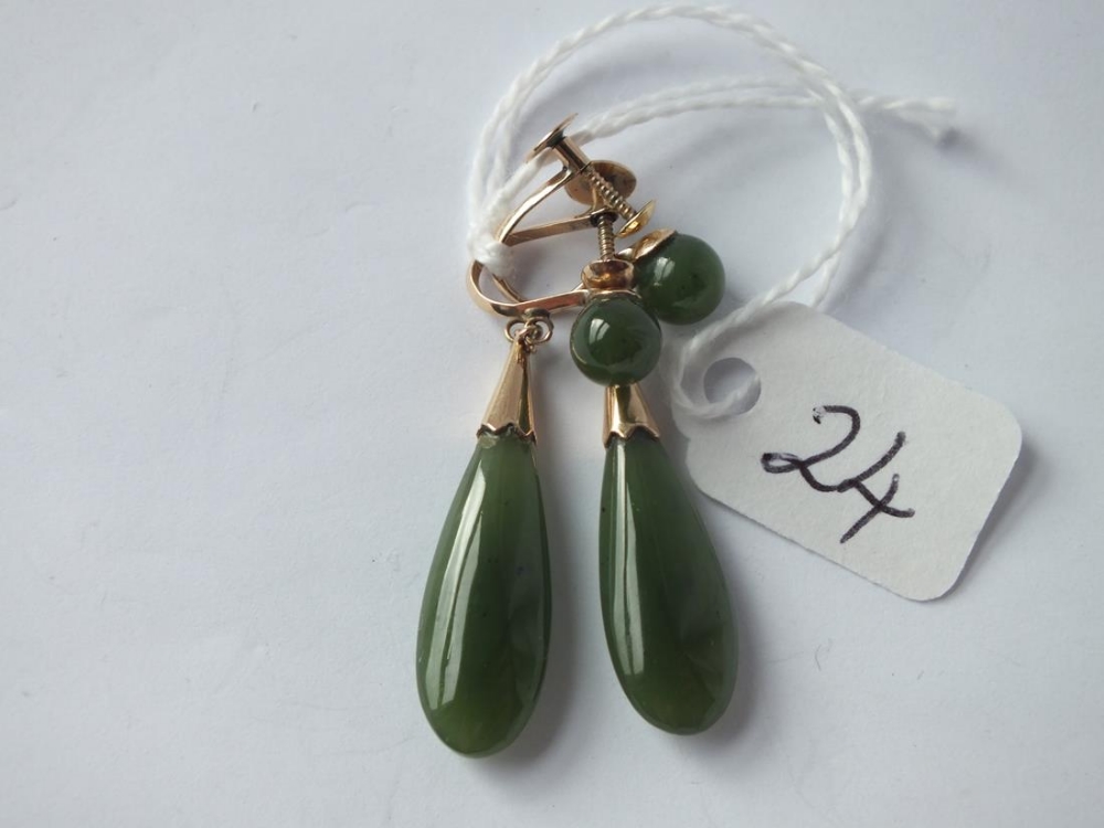 Pair 18ct gold jadeite drop ear pendants