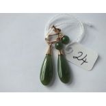 Pair 18ct gold jadeite drop ear pendants