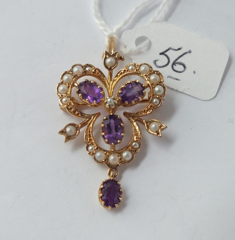 Attractive 9ct mounted amethyst & pearl pendant brooch stamped H.B.J - 4.7g inc