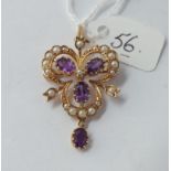 Attractive 9ct mounted amethyst & pearl pendant brooch stamped H.B.J - 4.7g inc
