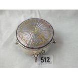 Circular ring box with multi-colour enamel cover, 4 pad feet 2.3/4” diameter B’ham 1912 by E&Co