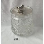 Biscuit barrel surmounted with a horse, cut glass body engraved Fontwell Park