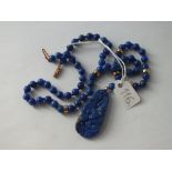 9ct mounted lapis lazuli bead necklace with carved pendant