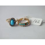 Two turquoise set rings (stone missing on each) set in high carat