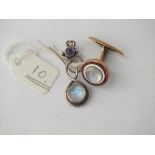 A moonstone garnet & enamel cufflinks set in 18ct and a moonstone mounted ear pendant