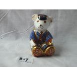 Seated school boy teddy with gold button – 3.5” high