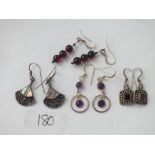 Four pairs silver stone set earrings