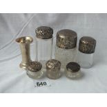 Six various silver top jars and a vase