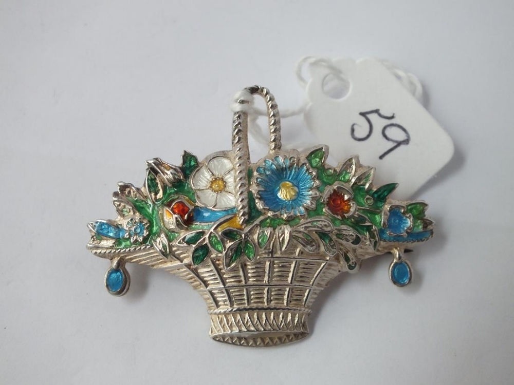 Silver & enamel flower basket brooch 10g