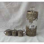 Mounted spirit decanter and 3 totes with pierced and embossed decoration – 1901 by WC