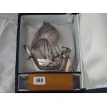 Boxed silver (foreign) sailing boat with plinth 6.5” high