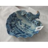 Antique faience shell decorated with a fish, cockerel mark to base 4” wide
