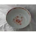 Chinese bowl the interior painted in brick red, the exterior blue 10” dia.
