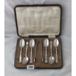 Good set of 6 boxed tea spoons & matching tongs – B’ham 1922 180g