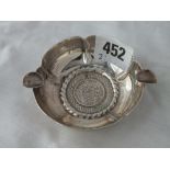 Shaped circular foreign silver ashtray with coin base 3” dia. 36g