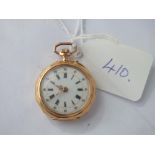 18ct ladies fob watch with engraved back, decorated dial