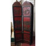 Chinese four fold screen painted with figures and vases on a brick red Ground 6ft high x 4ft 6” wide