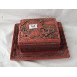 Cinnabar lacquer box, cover and tray 9” wide