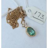 Green stone and diamond pendant set in 9ct with 18ct gold neck chain